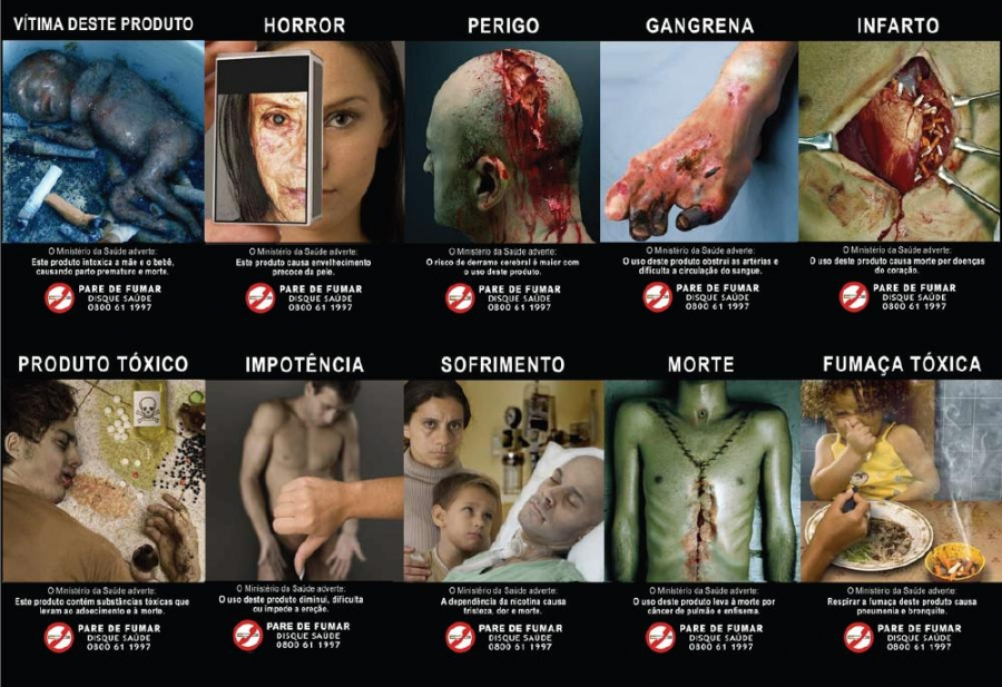 Obrazki informujące o szkodliwości palenia umieszczane na opakowaniach papierosów w Brazylii.