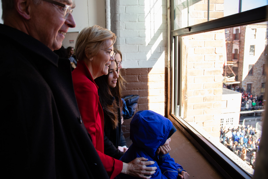 Senator Elizabeth Warren (D-MA) announces her 2020 presidential campaign at Everett Mills, in Lawrence, Massachusetts on February 9, 2019.